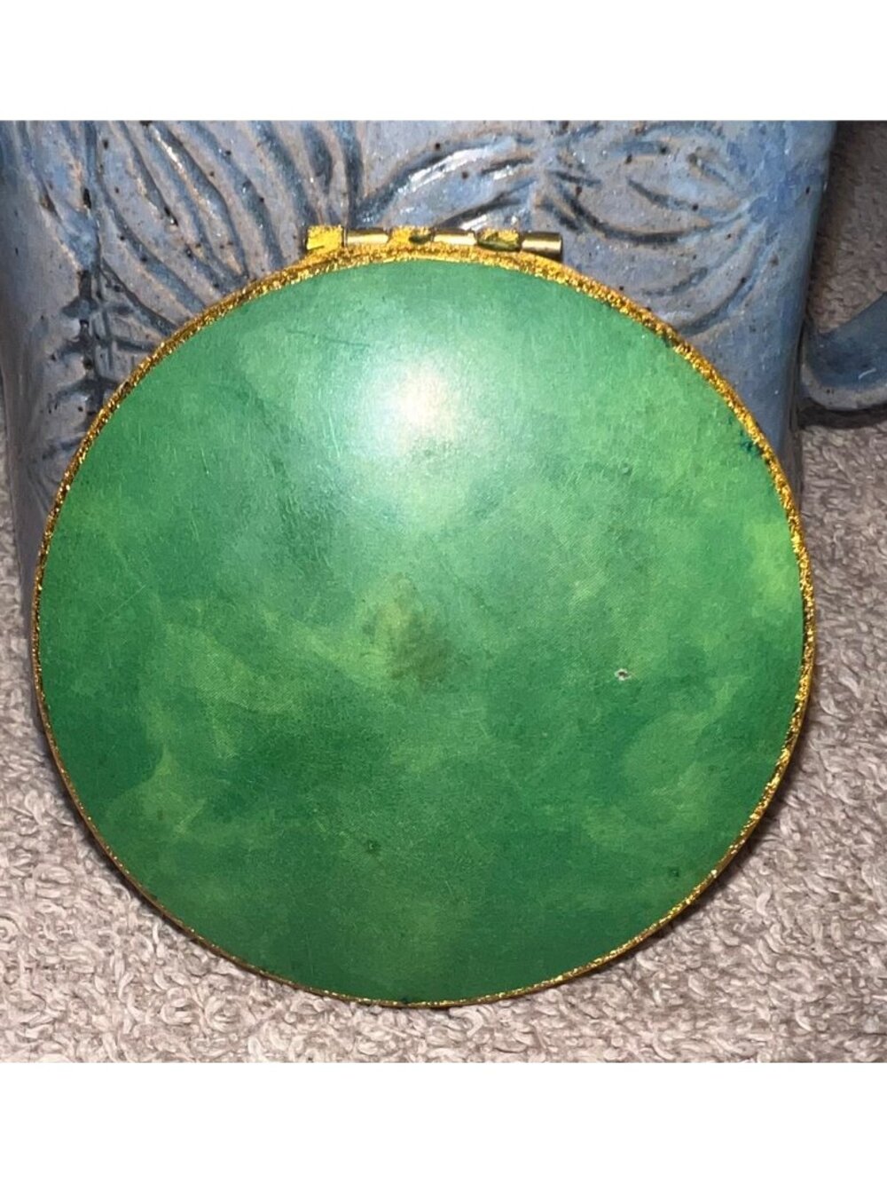 Vintage Kigu Gold-Tone Compact Mirror Green Faux Malachite Lid Puff Sifter Engla